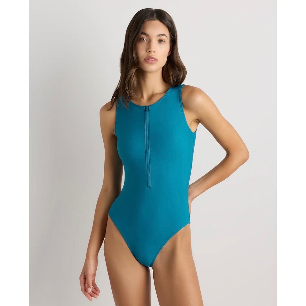Quince Italian Zip Front One Piece Swimsuit Teal Blue XL UPF 50 Athletic Sporty